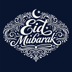 Eid Mubarak greeting card with crescent moon, stars, and Arabic calligraphy celebrating Islamic festival
