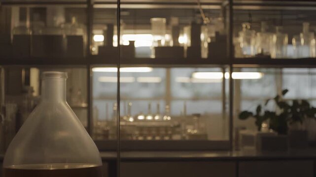 Bright modern lab with clean glasswareflasks, beakers, test tubes and bottles set up for chemistry research, experiments and scientific investigation