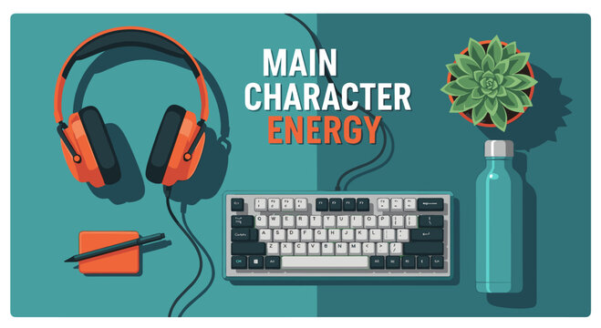 Vibrant flat lay illustration showcasing a modern workspace with headphones, keyboard, succulent, and water bottle, embodying a focused and creative "Main Character Energy" theme.