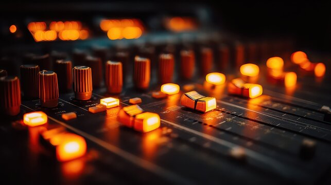 Closeup of a professional sound mixer's myriad knobs and faders glowing with orange light, essential for audio engineering. Generative AI.