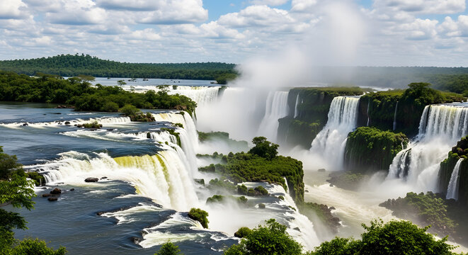 Panoramic view of Iguazu Falls, powerful water cascades and dens