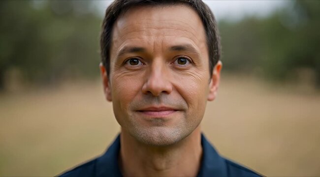 Man in blue shirt with serious expression on face in outdoor setting videos