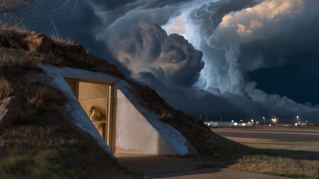 Displaying an open door, this storm shelter represents a crucial lifeline during turbulent weather, underlining the necessity of access points for emergency situations. cinematic color correction,