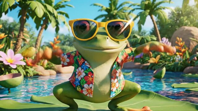 Generative AI cartoon frog waving in sunny tropical jungle