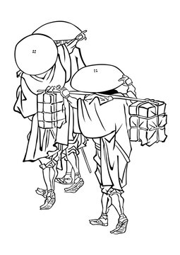Edo Period Travelers Carrying Goods &ndash; Ukiyo-e Style Japanese Vector Illustration