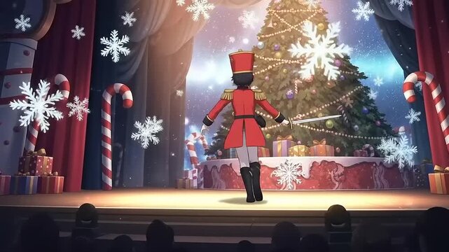 Nutcracker Ballet Performance on Stage with Christmas Tree and Snowflakes.
