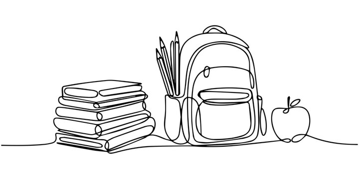 Back to school supplies set books, pencils, backpack, and apple continuous one line drawing