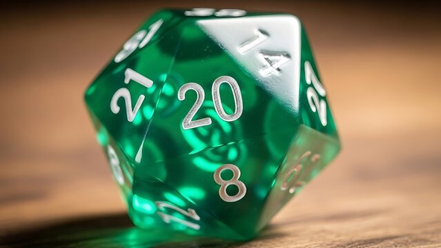 Close up of a green twenty sided dice on a wooden surface