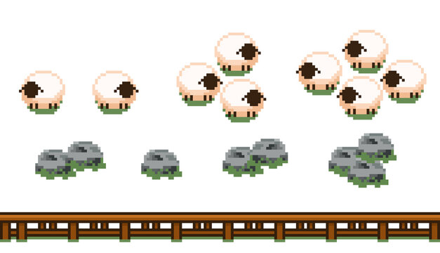 Set of pixel art farming assets featuring cute white sheep, grey rocks, and wooden fences. High-quality 8-bit sprites for game developers, inventory icons, and farm simulators.