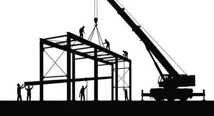 Construction scene depicting a crane lifting steel beams with workers a striking silhouette on transparent background high quality professional detailed modern © mrvect02