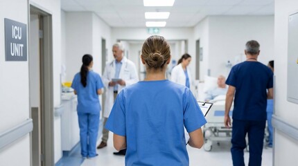 Obraz premium Rear view of a female nurse walking through a busy hospital corridor with doctors and patients.