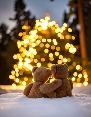 Zwei Teddyb&auml;ren, die sich umarmen und im Schnee im Wald sitzen. Ein leuchtender Weihnachtsbaum im Hintergrund. Das Konzept der Liebe, Beziehungen.