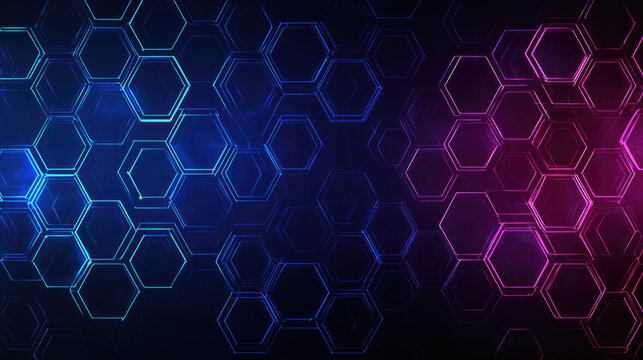Abstract geometric illustration with interlocking hexagon shapes, glowing blue and pink neon lines, futuristic digital background, modern technology, vibrant and dynamic energy