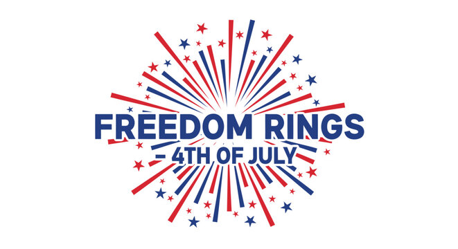 Patriotic 4th of July freedom rings logo. Includes red, white, and blue starburst design with text. Created in vector style with bold typography and vibrant colors.