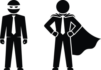 A masked man in a suit stands beside a superhero figure with a cape and confident stance. Vector © Tusher