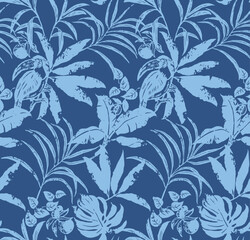 Fototapeta premium Seamless blue tropical toucan pattern. Vintage grunge palm leaf and exotic bird background. Monochrome aloha textile design.