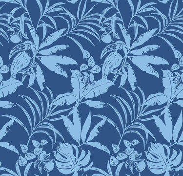 Seamless blue tropical toucan pattern. Vintage grunge palm leaf and exotic bird background. Monochrome aloha textile design.