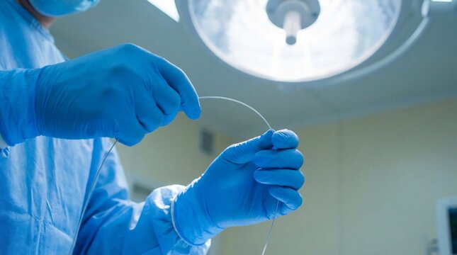 Surgeon in blue sterile gloves prepares a medical guidewire for a procedure in the operating room.