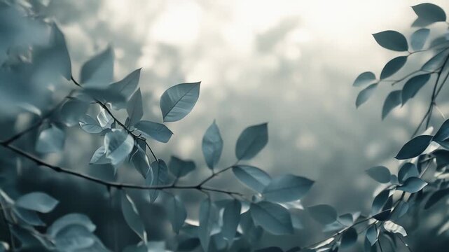 Delicate branches with blue toned leaves thrive in a natural environment, bathed in soft, diffused light, bringing a sense of peace and calm through a tranquil forest atmosphere