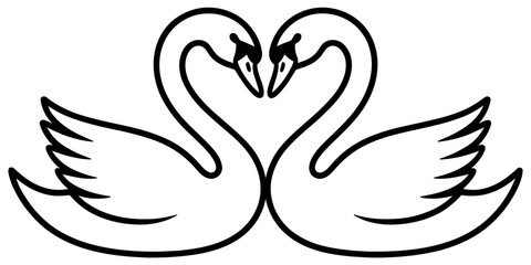 Black and white illustration of two swans facing each other with necks forming a heart shape © Nikhil Ray