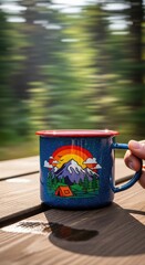 Camping Mug with Mountain Scene on Table.