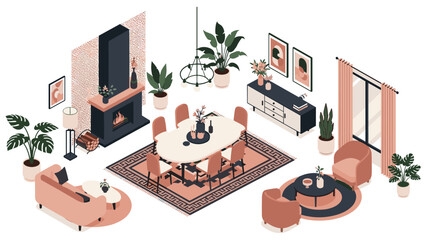 Naklejka premium Luxuriously furnished open plan room features a cozy fireplace, a formal dining area, and a comfortable seating lounge with plants.