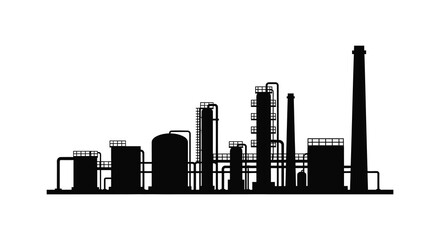 Obraz premium A striking black silhouette of an industrial complex with refinery towers and smokestacks on transparent background high quality professional detailed modern