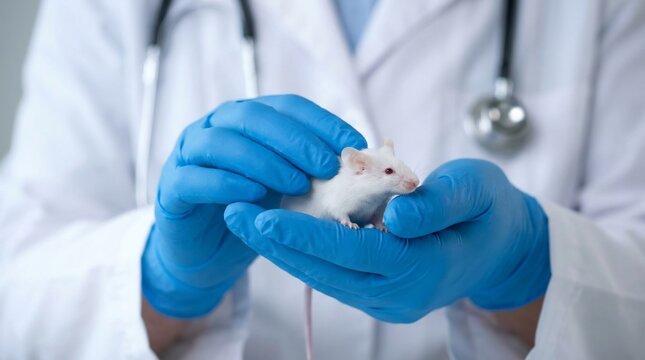 Scientist in a lab coat and blue gloves carefully holds a small white mouse for a scientific experiment.