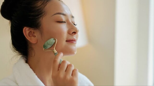 Close up shot of smiling young Asian woman in bathrobe with closed eyes enjoying rejuvenating face massage with jade roller at home