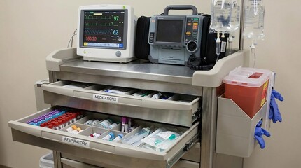 A fully stocked hospital emergency crash cart with medical supplies and equipment.