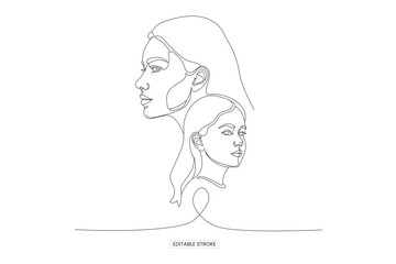A minimalist line art illustration depicts the profiles of a mother and daughter connected by a single continuous stroke high quality