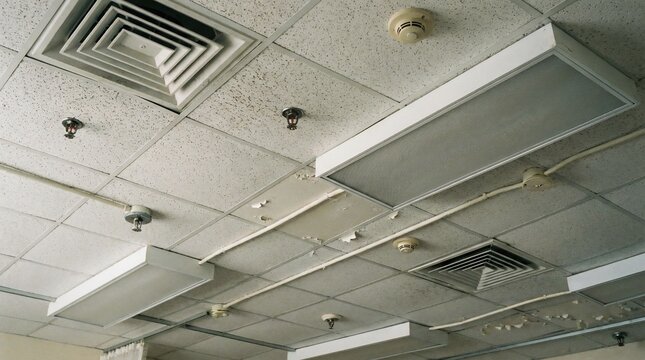 Old stained and water damaged suspended office ceiling with lights and vents.