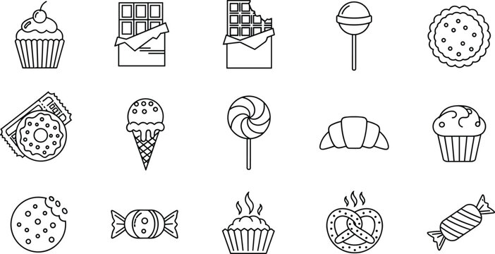 Sweet dessert and candy outline icons set featuring cupcake, chocolate bar, lollipop, cookie, ice cream, croissant, pretzel, and bakery treats