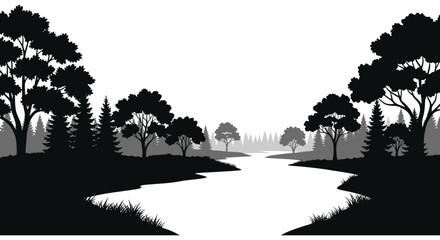A serene landscape featuring a winding river and dense forest trees presented in a striking silhouette on transparent background high quality © mrvect02