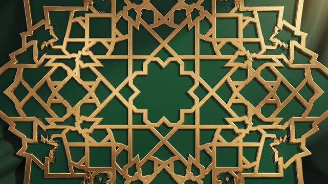 Elegant golden geometric pattern on a rich green background, showcasing traditional Moroccan artistry with intricate star and polygon shapes for a luxurious cultural design