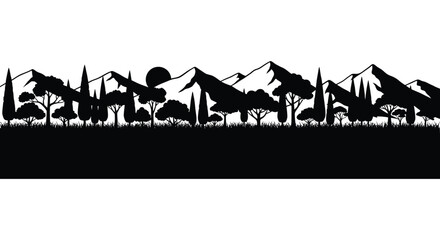 A striking black silhouette of african savanna wildlife and trees against a minimalist horizon on transparent background high quality professional detailed © mrvect02