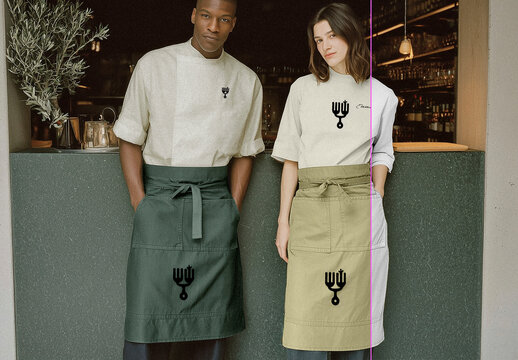 Restaurant Apron Mockup on Professional Staff in Caf&eacute; Interior