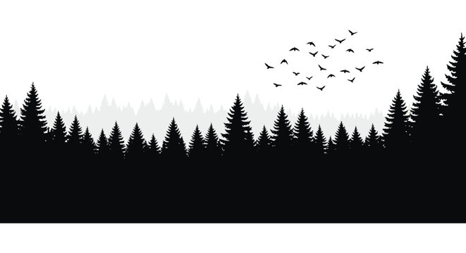 A dark silhouette of a forest with a flock of birds flying under a hazy moon on transparent background high quality