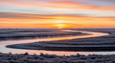 Obraz premium Golden Sunrise Reflecting on a Winding Frosty River