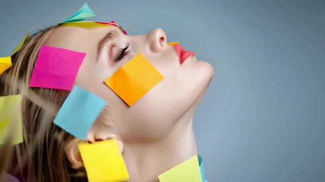 Woman Covered in Sticky Notes Overwhelmed by Tasks, Business Concept