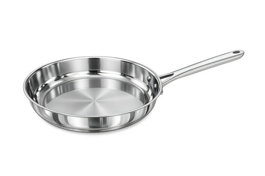 Stainless steel frying pan with long handle, kitchen utensil for cooking food, cookware tool on transparent background