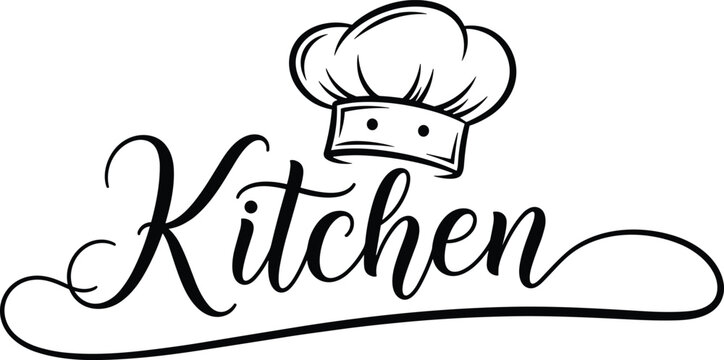 Elegant Kitchen Typography Logo with Chef Hat Illustration in Hand Drawn Script Style for Restaurant Branding, Cooking Blogs, and Culinary Design Projects
