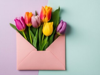 Tulips bouquet in pink envelope