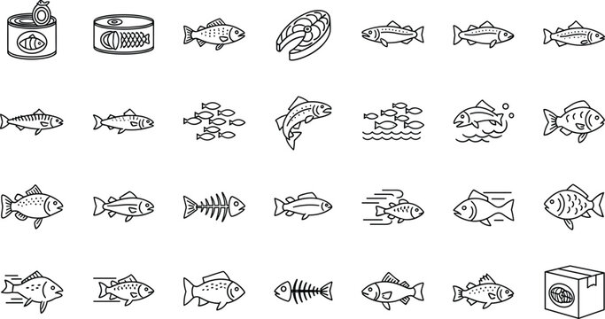 Fish and Seafood Line Icon Set with Fresh Ocean Species, Canned Tuna, Shrimp, and Marine Food Outline Symbols for Market and Restaurant Design