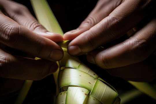 Hands weaving a bamboo craft.