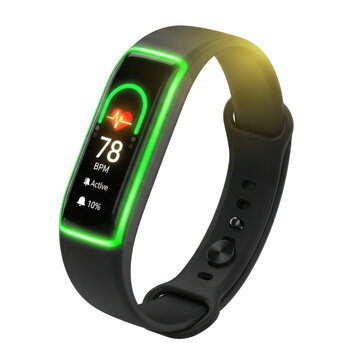 Modern fitness tracker displaying heart rate and activity data isolated on transparent background