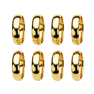 six highly polished, pure 24k gold wedding bands symmetrically arranged in two rows of three, hyperrealistic macro flat-lay on stark white background with subtle diffused shadows. concept for