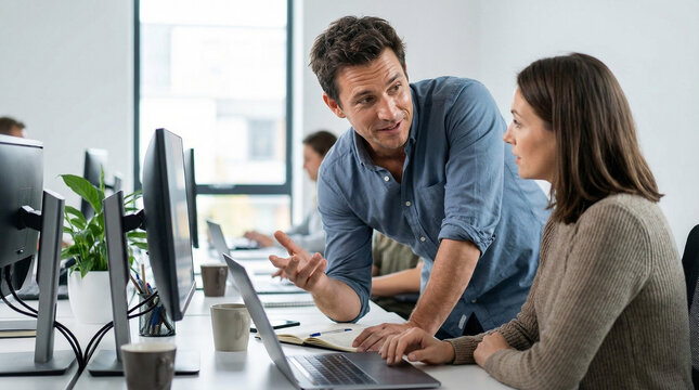 Coworker explaining task to colleague at office desk
