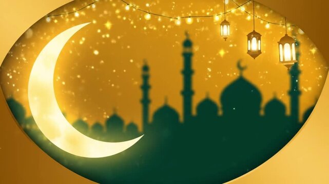 This enchanting video presentation beautifully captures the serene essence of an Islamic celebration featuring a radiant golden crescent moon illuminating the twilight sky above majestic mosque silhou