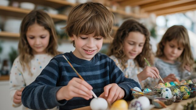 Charming Easter 2026 egg painting party in a sunlit kitchen, filled with kids enthusiastically crafting their unique designs surrounded by eclectic paints and joyful laughter. A cozy, inviting